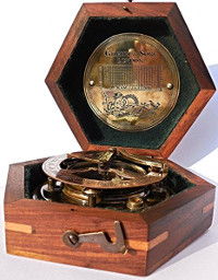 Picture of the opened box of a Steampunk like Sundial with a chart inside and a large hook in the front.