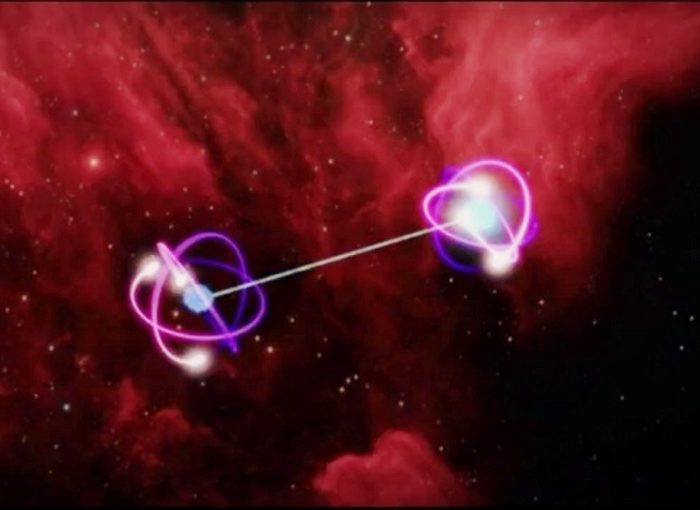 A representation of two entangled atoms.