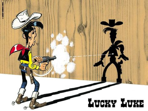 Lucky Luke shooting his shadow